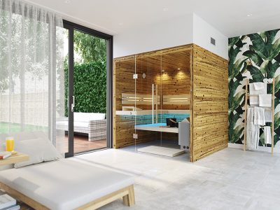 SAUNA KING FINNSAUNA FÜR 4-5 PERSONEN AUS ALTHOLZ, MIT VOLLGLASFRONT, 200X200CM